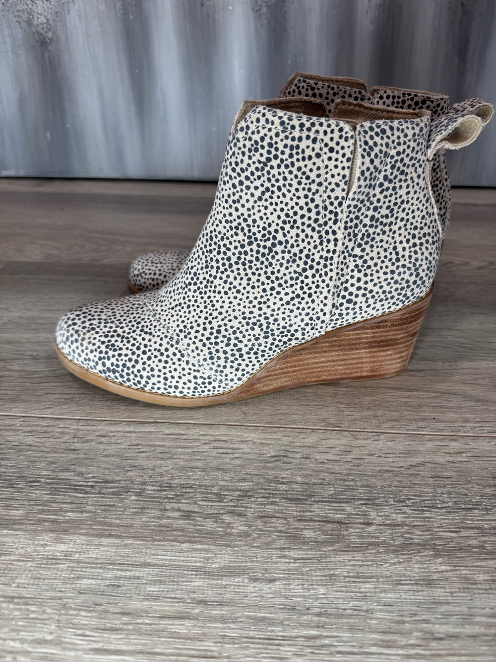 TOMS Clare Wedge Booties Macadamia Mini Cheetah Suede